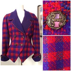 VTG Nipon Boutique Plaid Wool Blend Blazer Boucle Tweed Purple Red USA 80s 90s